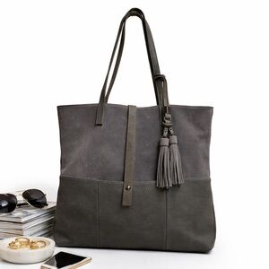 Vintage Moda Luxe Gray Leather & Suede LARGE Tote Bag Tassel Shoulder Purse